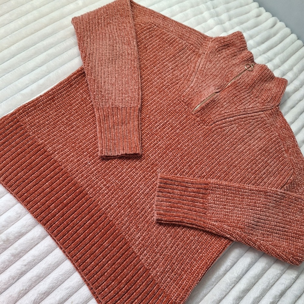 Cynthia Rowley  Chenille Ribbed 1/4 Zip Moc Neck Pullover Sweater Womens L Rust‎
